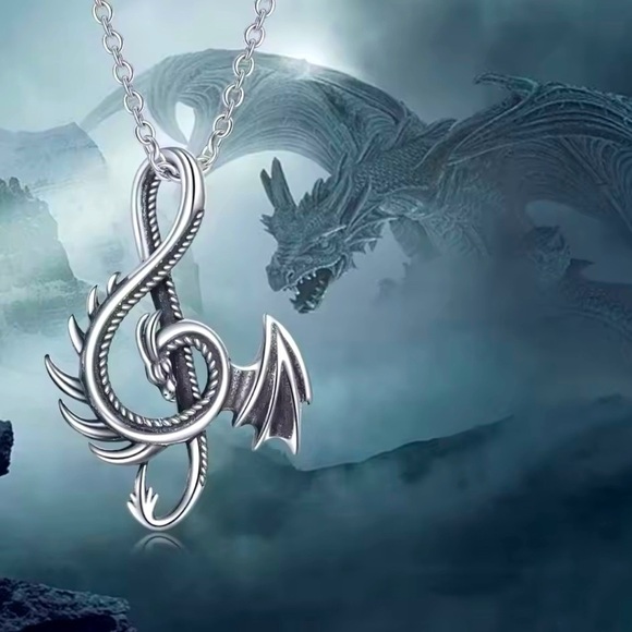 Moon Goddess Emporium Jewelry - 18K White Gold Unisex Dragon Treble Clef Music Note Goth Punk Biker Necklace